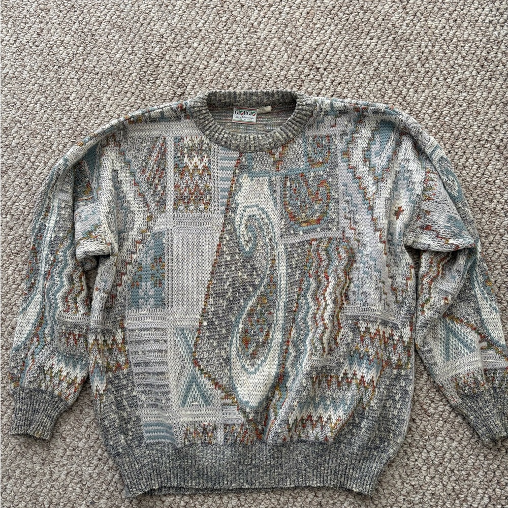 Gray and Blue Crewneck Sweater with Geometric Design